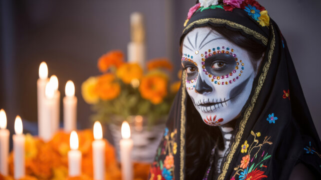 Woman with sugar skull face paint for Day of the Dead celebration with candles
