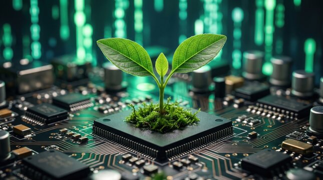 A small green plant grows directly out of a computer microchip on a circuit board representing green technology