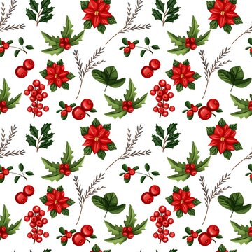 Christmas botanical seamless pattern with poinsettia, holly berries, cranberries, and green leaves vector background