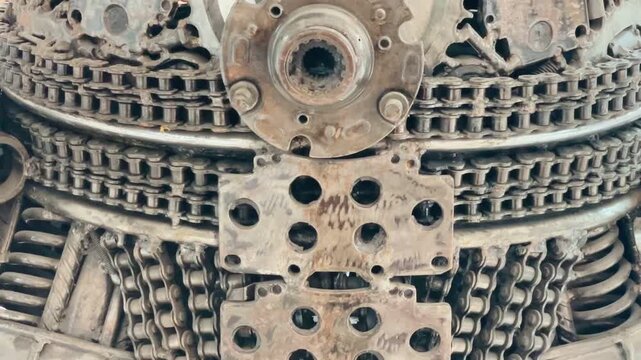 frontal closeup of worn industrial assembly featuring stacked perforated metal plates, roller chains and metal bearings with rust 
