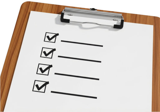 Wooden clipboard with a paper checklist and handwritten notes isolated on transparent background