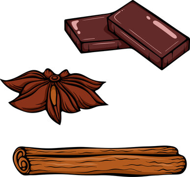 Set of two chocolate squares, star anise and cinnamon stick. Simple vector color illustration with outline in hand drawn style isolated on white for print