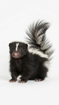 Adorable skunk stands against a plain white background. Its fur is black with bold white stripes. The tail is bushy and fluffy, with a white stripe
