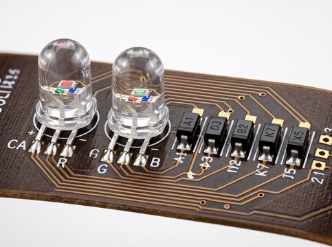 Two rgb leds on dark flexible circuit board with surface mount components.