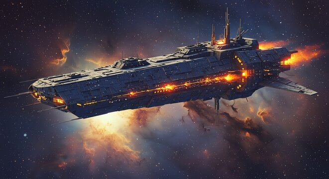 Futuristic spaceship in deep space nebula