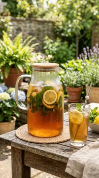 Glass pitcher holds lemon-infused tea with mint. Wooden table rests in sun-dappled garden. Lemon slices and leaves float in clear liquid. Cup beside pitcher contains same refreshing brew