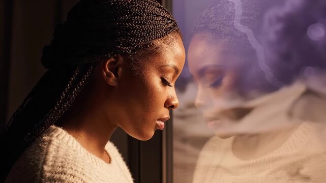A woman stands by the window, watching the anomalous weather. Quiet isolation, climate anxiety, and homebound uncertainty during an unusual storm.  