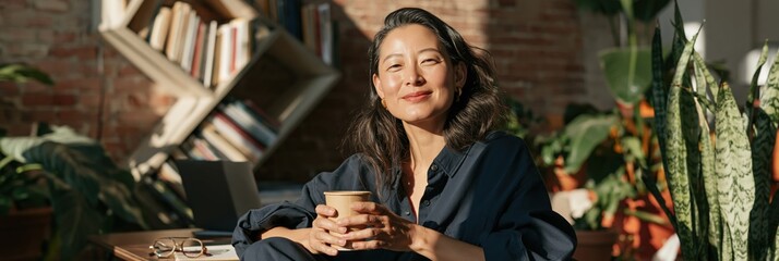 Obraz premium Smiling woman holding coffee in a sunlit loft workspace with books and plants for lifestyle banner, remote work background and cozy interior design