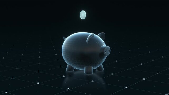 Glowing digital piggy bank wireframe with fast falling coins, flashing eyes, and a slow camera pan, ideal for a fintech presentation backdrop.
