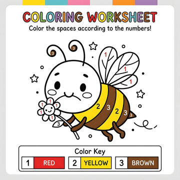 Coloring worksheet for kids to color bee according to numbers, fun activity
