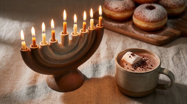Cozy Hanukkah holiday table setting with lighting candles on a modern ceramic menorah, sufganiyot jelly donuts and a hot cocoa mug with marshmallow.
