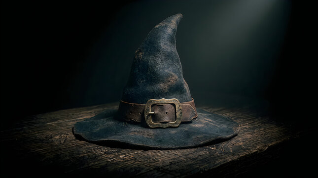 Mystical old witch hat on wooden surface in dark mood lighting with mystical