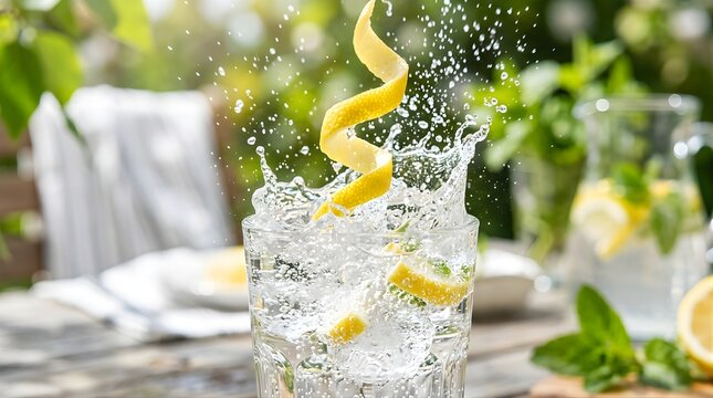 Fresh lemon slice falling into a glass of sparkling water with ice