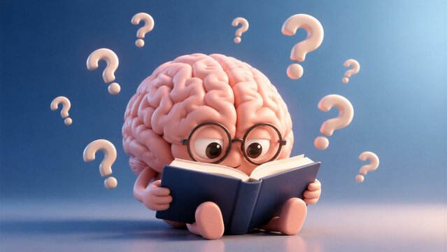 Cute brain character wears round glasses while reading. Curious eyes look at book with wide, thoughtful expression. Question marks float around, showing confusion or learning