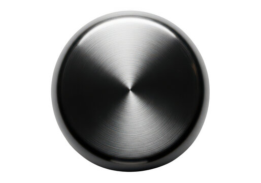 Round metallic button with brushed steel texture isolated on transparent background