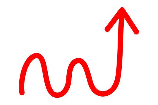 Red hand-drawn squiggle chunky arrow pointing upward. Bold freehand line for annotation, direction, navigation, UI, diagrams, social media, branding and creative design layouts. High-res PNG