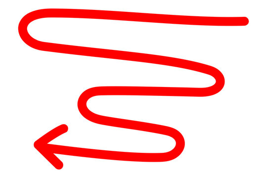 Red hand-drawn horizontal squiggle arrow pointing left, isolated on transparent background, bold freehand doodle for navigation, UI, diagrams, social media, branding, UI, infographics. High-res PNG