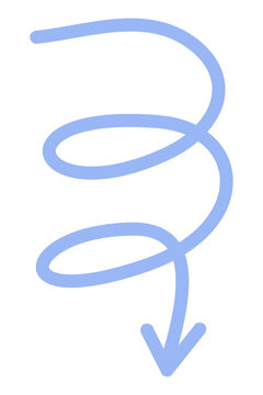 Blue hand-drawn spiral arrow PNG illustration. Curved looping directional doodle, perfect for presentations, infographics, flowcharts, diagrams, navigation, instructions, UI, social media. High-res