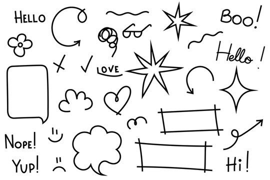 Hand-drawn doodle PNG collection with speech bubbles, arrows, flowers, stars, frames, hearts and lettering. Perfect for social media, journals, scrapbooks, stickers, notes, infographics, presentations