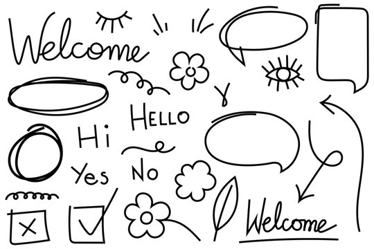 Hand-drawn communication doodle PNG collection with arrows, speech bubbles, flowers, check marks and welcome lettering, perfect for presentations, social media, infographics, UI, advertising designs
