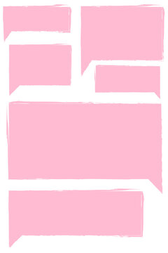 Set of pink speech bubbles in varied rectangular shapes and with textured edges. Ideal for quotes, captions, comics, social media posts, chat messages, invitations, stickers, and digital design, PNG