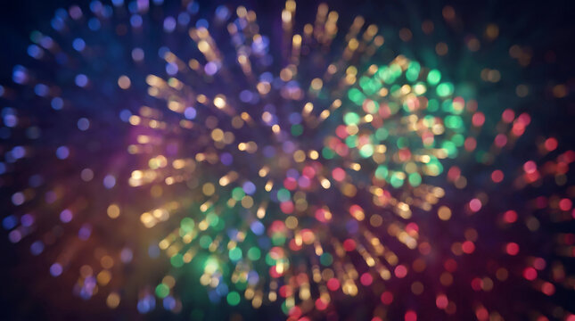 Festive dark background with colorful out-of-focus fireworks bokeh lights bursting in green red and gold tones.