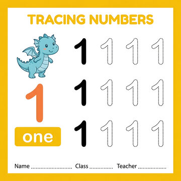 Educational number tracing worksheet for children featuring cute blue dragon illustration