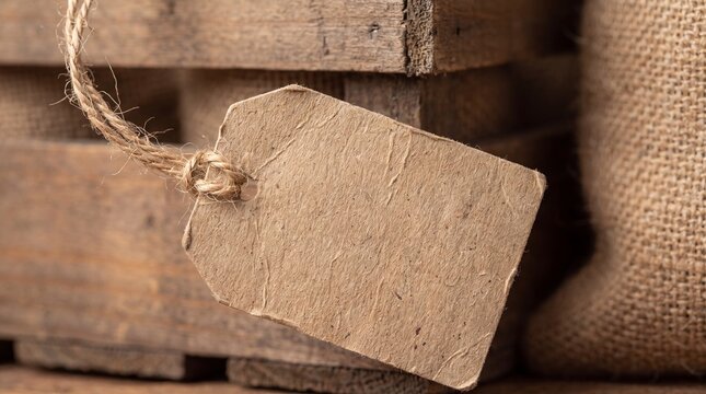 Blank cardboard price tag hanging on a wooden crate with rustic texture