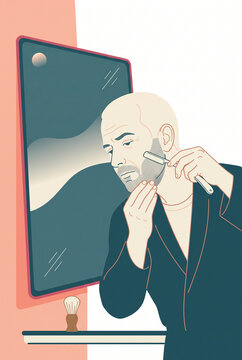 Bald man shaving his beard in front of a mirror at home  