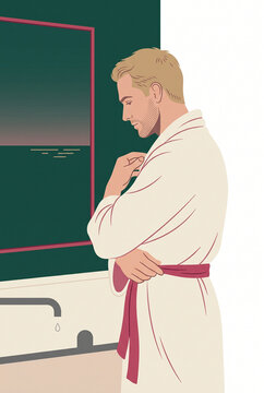 Man in bathrobe contemplating in front of a mirror by sunset  