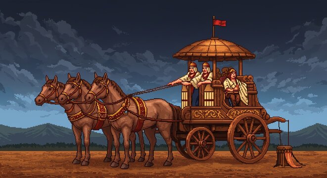 Horse drawn chariot with three horses and men