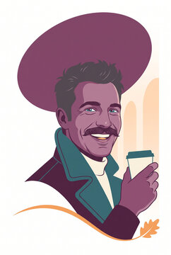 Man with a mustache smiling and holding a coffee cup in modern style  