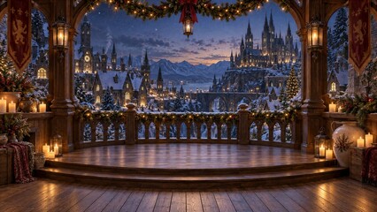 Obraz premium Festive wooden balcony overlooking a snowy castle at night