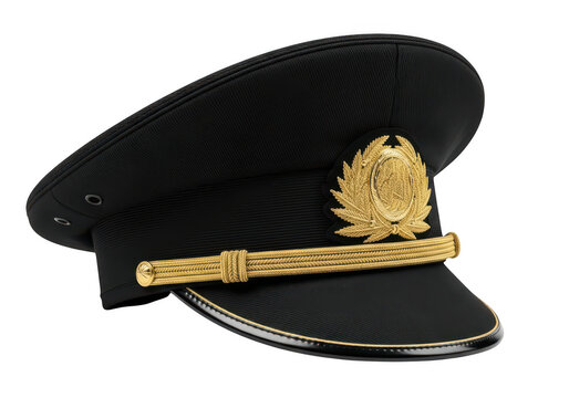 Black military officer hat with golden emblem isolated on transparent background