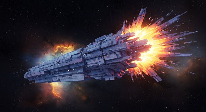 Large futuristic spaceship exploding in outer space