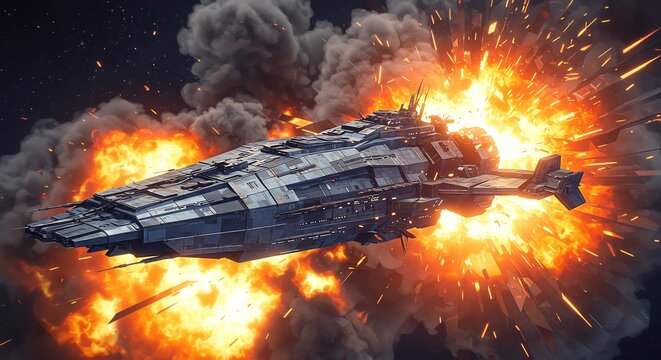 Large spaceship exploding with fire and smoke in space