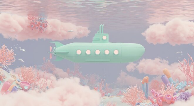 Mint green submarine underwater with pink coral