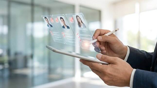 A business professional uses a digital tablet to review holographic candidate profiles and resumes for efficient corporate talent recruitment