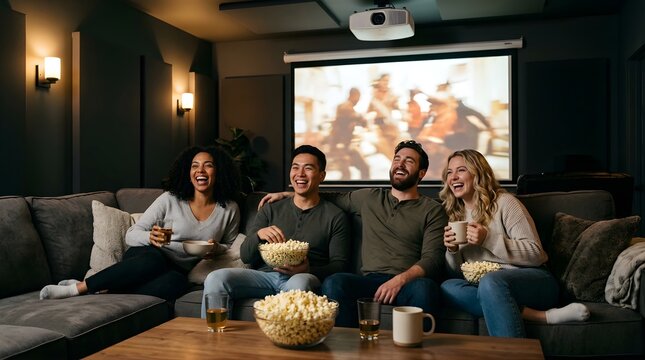 Diverse friends laughing while watching a movie at home on the sofa