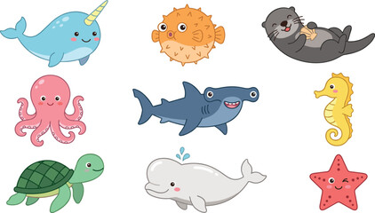 Vector collection of cute cartoon sea animals and underwater ocean creatures with shark whale narwhal octopus and sea otter isolated on white background © MdMehedi
