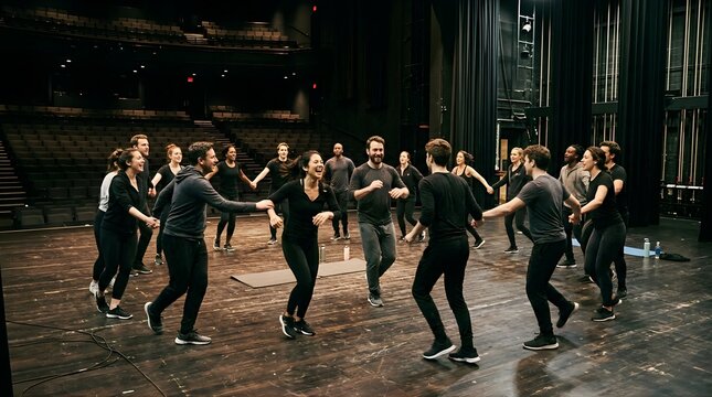 Diverse group of young people laughing while dancing together on a stage