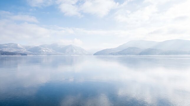 serene winter landscape with frozen lake and snow covered mountains under bright cloudy sky. tranquil nature in cold season. copyspace, banner, website header.