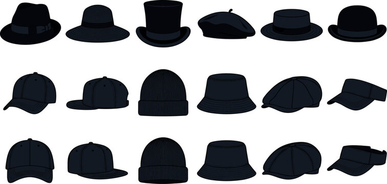 Hat and cap vector template set featuring black headwear illustrations including baseball caps beanies fedoras bucket hats top hats and fashion flat sketches.