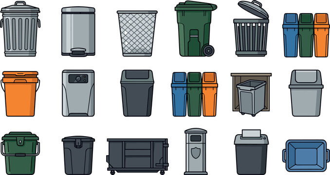 Trash can vector icon set featuring recycling bins garbage dumpsters office wastebaskets plastic buckets outdoor street containers and public sanitation flat line elements.