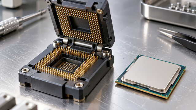 CPU Processor Microchip Beside Open Test Socket and Precision Lab Assembly Tools on Workbench