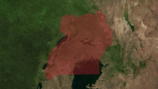 Map animation zoom to Uganda, country highlighted in red 