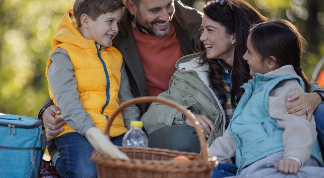 Family enjoys picnic in forest