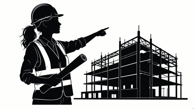 Female construction engineer pointing toward a steel building framework while holding technical plans, representing architecture and development