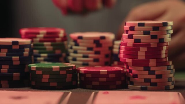 Casino player, Game of poker in casino, taking place with poker chips and cards on a green table betting chips, gambling place, roulette jack pot. All in bet game. 