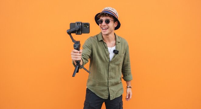 Joyful young blogger wearing a bucket hat and sunglasses filming a video on a smartphone with a gimbal stabilizer against an orange background